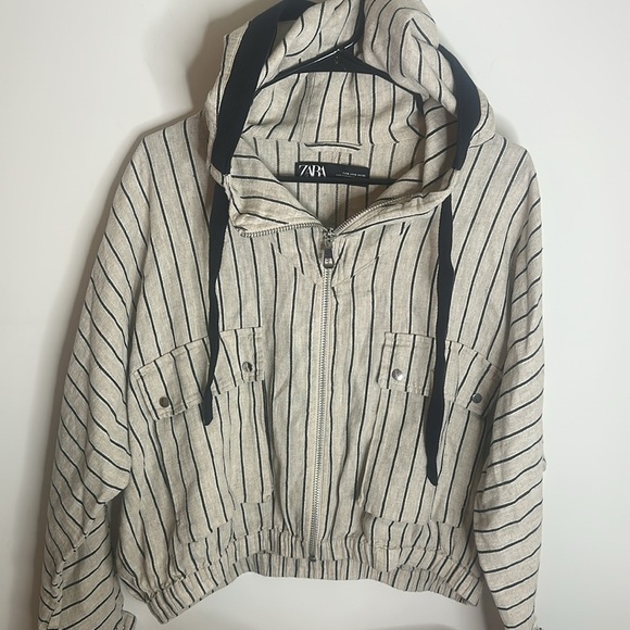 Zara Striped Linen Bomber Jacket with hood size S NWOT - Picture 3 of 5
